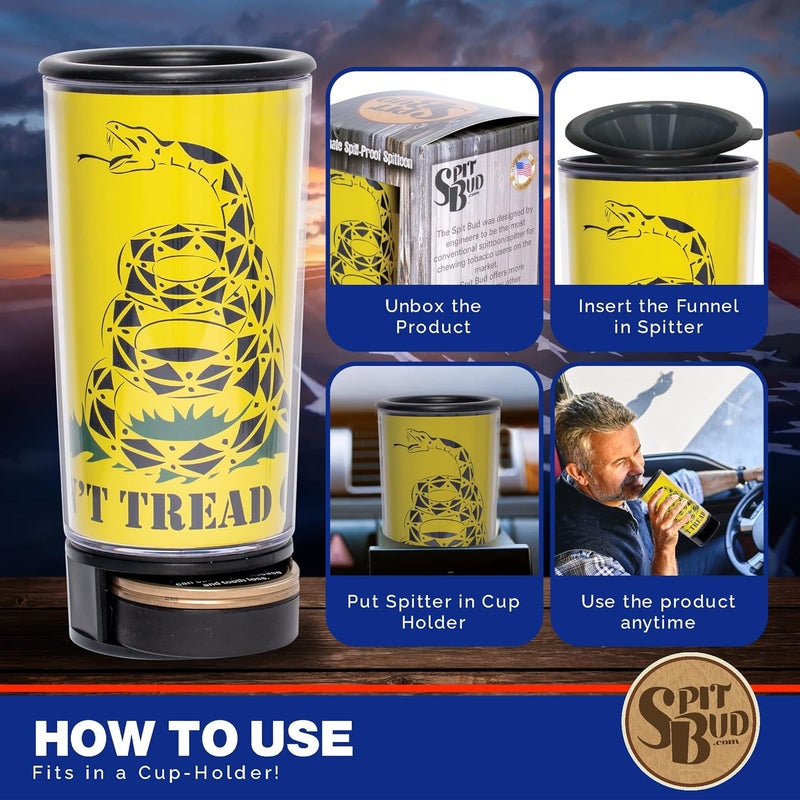 Spit Bud Don't Tread on Me #1 The Ultimate Spittoon for Chew - Portable Dip & Snuff Cup with Lid, Pop Tab, Spill-Proof Funnel, Can Cutter & Holder - Fit in Cup Holders - Holds 8oz - Made in USA - Image 4